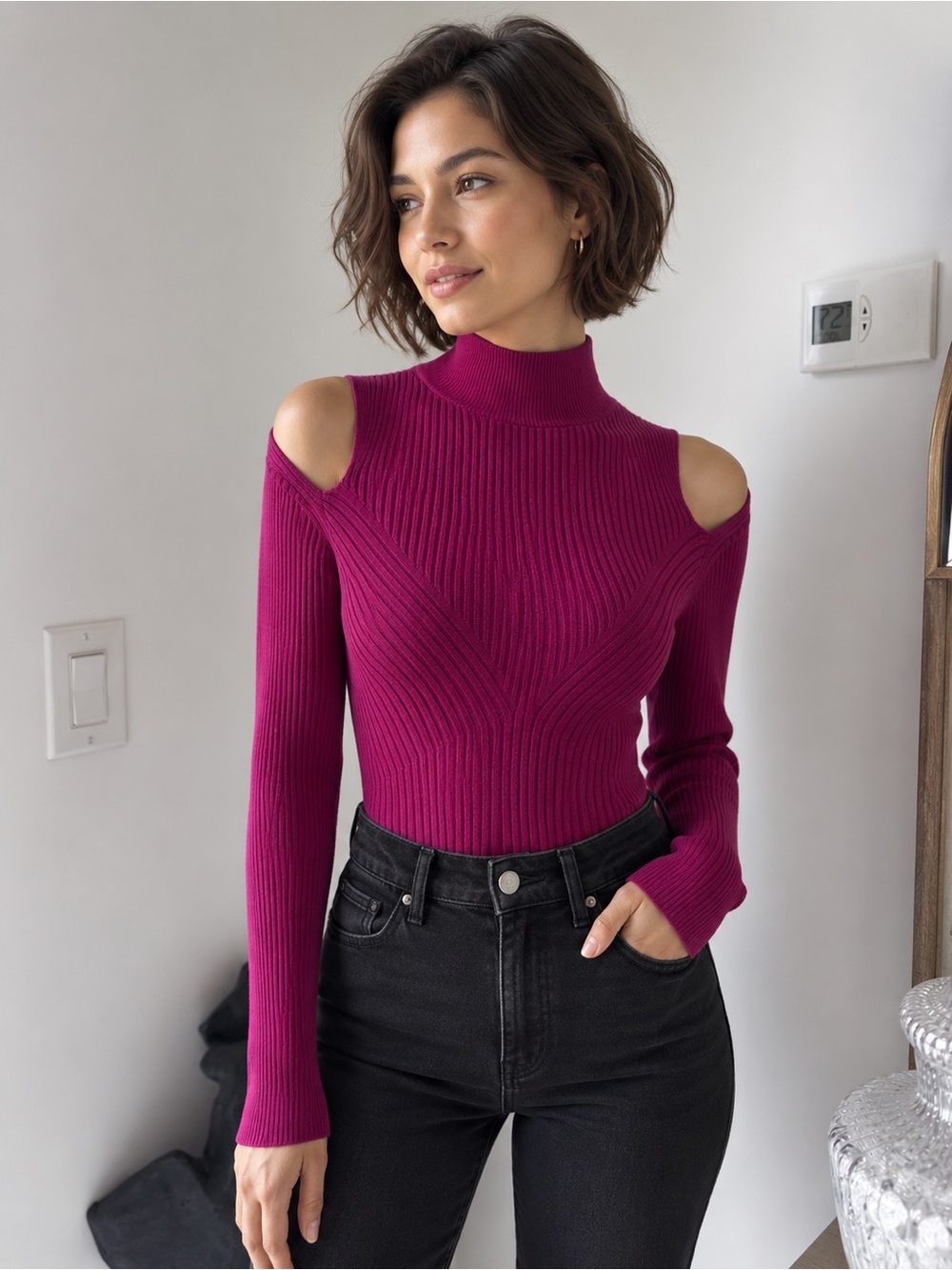 Women’s Cold-Shoulder Ribbed Sweater Top in Fuchsia NWOT